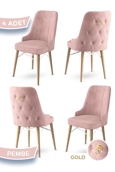 Canisa Pare Serisi,4 Pembe Sandalye 1.sınıf Babyface Ithal Kumaş , Doğal Ahşap Ayak Gold Halkalı ürün görseli 1