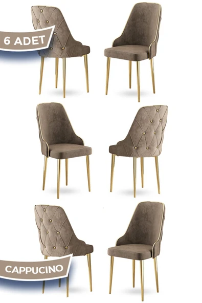 Canisa Krax Serisi 1.sınıf Babyface Kumaş Yemek Odası Sandalyesi Gold Metal Ayak 6 Adet Cappucino Sandalye ürün görseli 1