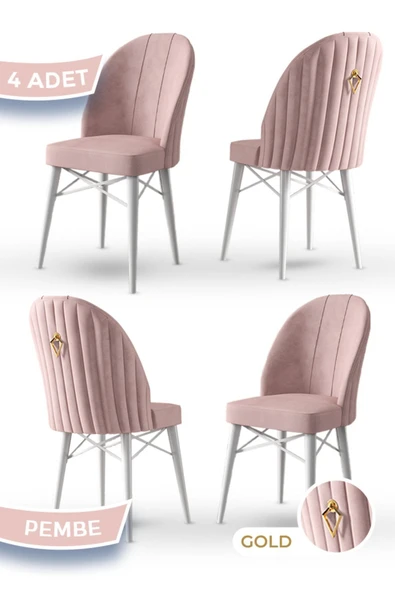 Canisa Ritim Serisi, 1.sınıf Babyface Kumaş 4 Adet Pembe Sandalye, Beyaz Gürgen Ayak Gold Halkalı ürün görseli 1