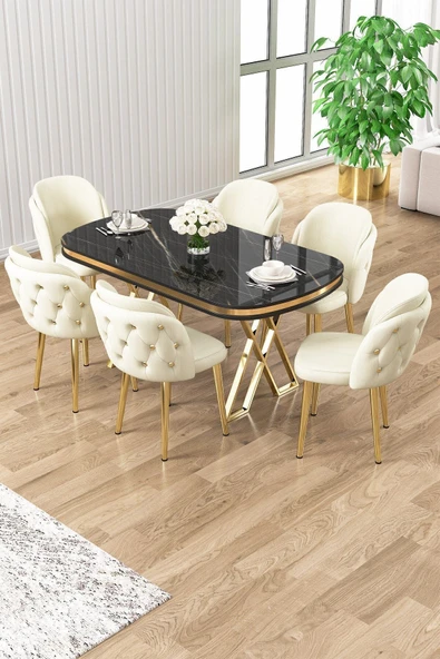 Canisa Zae Serisi 90x168 Lak Panel Siyah Mermer Desen Gold Ayak Masa Takımı 6 Krem Sandalye ürün görseli 1