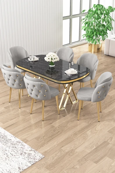 Canisa Zae Serisi 90x168 Lak Panel Siyah Mermer Desen Gold Ayak Masa Takımı 6 Gri Sandalye ürün görseli 1
