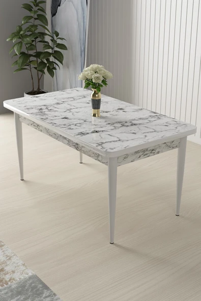 Canisa Nil Serisi Beyaz Mermer Desen 70x110 Sabit Yemek Masası Metal Ayak ürün görseli 1