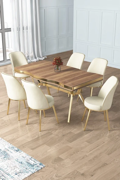 Canisa Prah Serisi 90x160 Lak Panel Hazar Gold Ayak Masa Takımı 6 Krem Sandalye ürün görseli 1