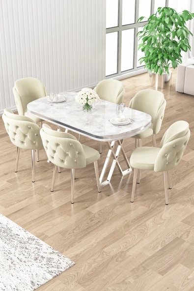Canisa Zae Serisi 90x168 Lak Panel Beyaz Mermer Masa Krom Ayak Masa Takımı Ve 6 Krem Sandalye ürün görseli 1