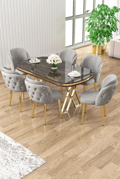 Canisa Zae Serisi 90x168 Lak Panel Antrasit Ironi Gold Ayak Masa Takımı 6 Gri Sandalye ürün görseli 1