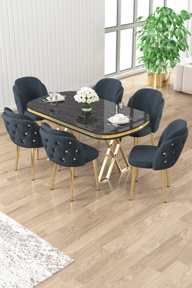 Canisa Zae Serisi 90x168 Lak Panel Siyah Mermer Desen Gold Ayak Masa Takımı 6 Antrasit Sandalye ürün görseli 1