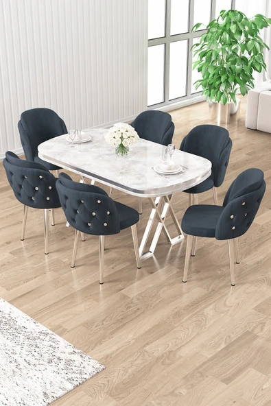 Canisa Zae Serisi 90x168 Lak Panel Rampla Gri Krom Ayak Masa Takımı ve 6 Antrasit Sandalye ürün görseli 1