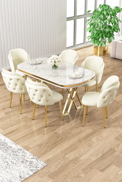 Canisa Zae Serisi 90x168 Lak Panel Beyaz Mermer Desen Gold Ayak Masa Takımı 6 Krem Sandalye ürün görseli 1