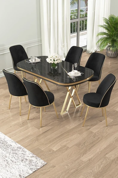 Canisa Lai Serisi 90x168 Lak Panel Sonata Gold Ayak Masa Takımı 6 Siyah Sandalye ürün görseli 1