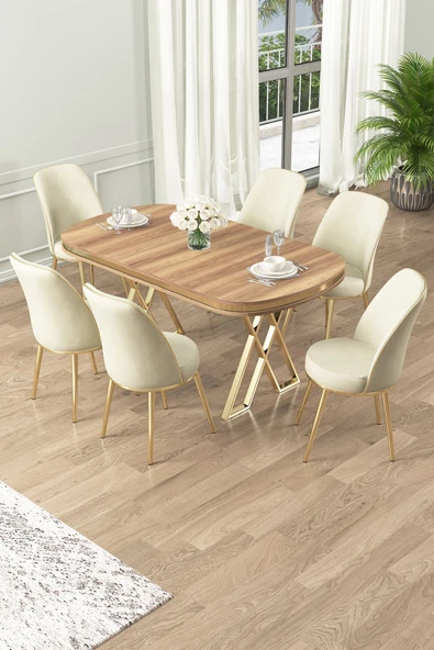 Canisa Lai Serisi 90x168 Lak Panel Hazar Gold Ayak Masa Takımı 6 Krem Sandalye ürün görseli 1