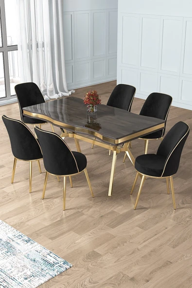 Canisa Prah Serisi 90x160 Lak Panel Antrasit Ironi Gold Ayak Masa Takımı 6 Siyah Sandalye ürün görseli 1