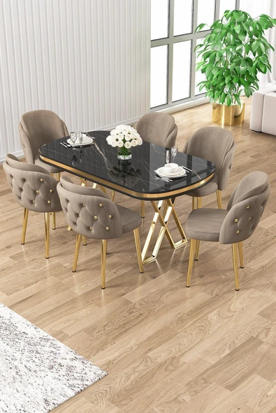 Canisa Zae Serisi 90x168 Lak Panel Siyah Mermer Desen Gold Ayak Masa Takımı 6 Cappucino Sandalye ürün görseli 1