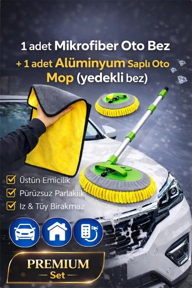STANVOLT 2 Li Premium SET & Mikrofiber Oto Bezi & Paslanmaz Alüminyum Saplı Çok Oto Mop Art Yedeği ürün görseli 1