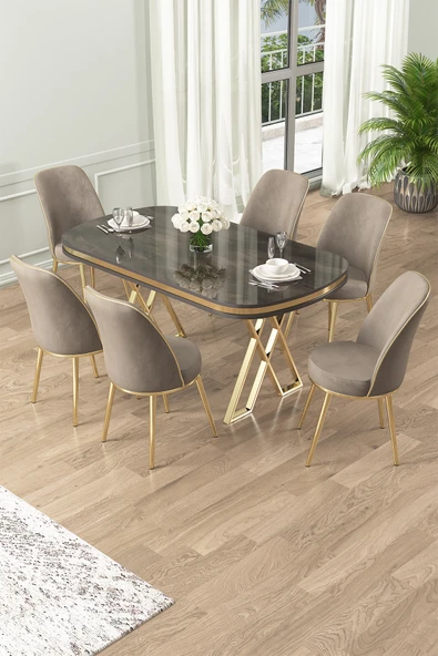 Canisa Lai Serisi 90x168 Lak Panel Antrasit Ironi Gold Ayak Masa Takımı 6 Cappucino Sandalye ürün görseli 1