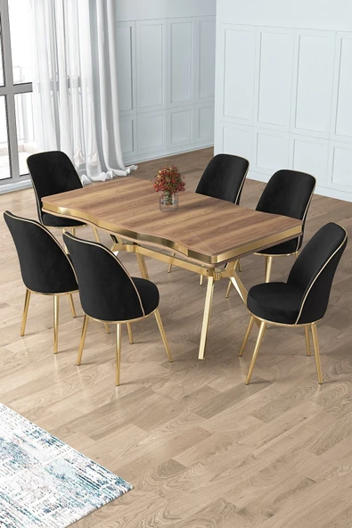 Canisa Prah Serisi 90x160 Lak Panel Hazar Gold Ayak Masa Takımı 6 Siyah Sandalye ürün görseli 1