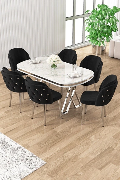 Canisa Zae Serisi 90x168 Lak Panel Beyaz Mermer Desen Krom Ayak Masa Takımı 6 Siyah Sandalye ürün görseli 1
