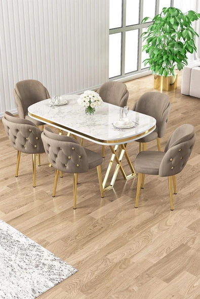 Canisa Zae Serisi 90x168 Lak Panel Beyaz Mermer Desen Gold Ayak Masa Takımı 6 Cappucino Sandalye ürün görseli 1
