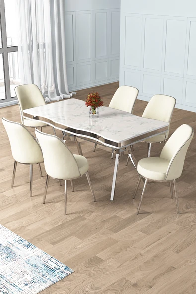 Canisa Prah Serisi 90x160 Lak Panel Beyaz Mermer Desen Krom Ayak 6 Krem Sandalye Masa Takımı ürün görseli 1