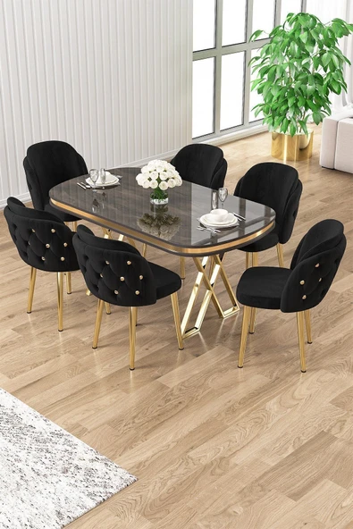 Canisa Zae Serisi 90x168 Lak Panel Antrasit Ironi Gold Ayak Masa Takımı 6 Siyah Sandalye ürün görseli 1