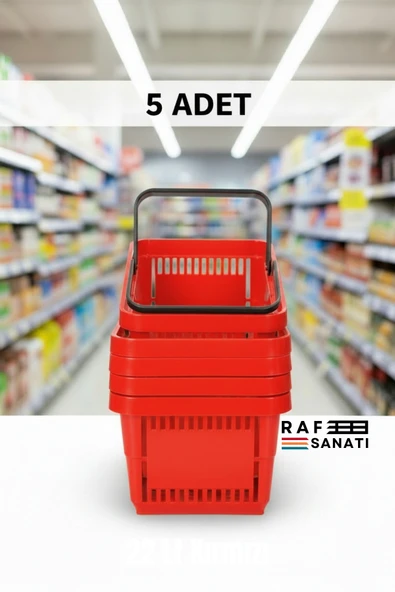 5 ADET / 22 Litre Plastik Market Alışveriş Sepeti Profesyonel Market Mağaza El Sepeti Kırmızı ürün görseli 1