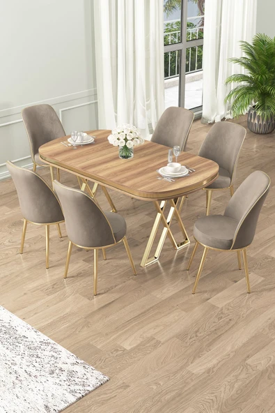Canisa Lai Serisi 90x168 Lak Panel Hazar Gold Ayak Masa Takımı 6 Cappucino Sandalye ürün görseli 1