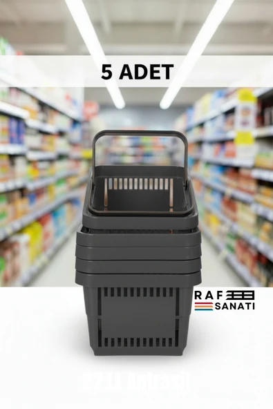 5 ADET / 22 Litre Plastik Market Alışveriş Sepeti Profesyonel Market Mağaza El Sepeti Antrasit ürün görseli 1