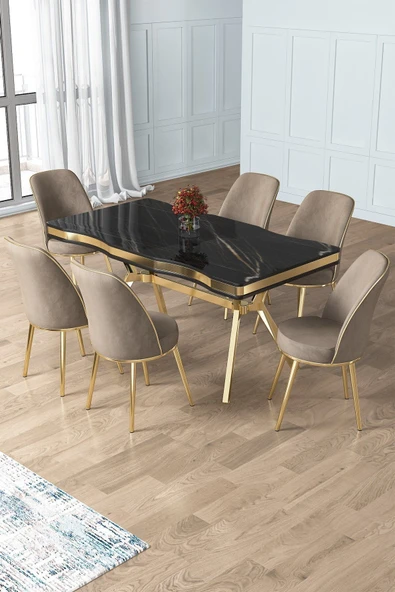 Canisa Prah Serisi 90x160 Lak Panel Sonata Desen Gold Ayak Masa Takımı 6 Cappucino Sandalye ürün görseli 1