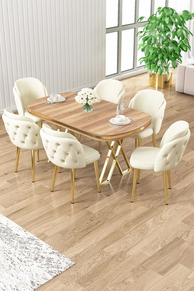 Canisa Zae Serisi 90x168 Lak Panel Hazar Gold Ayak Masa Takımı 6 Krem Sandalye ürün görseli 1