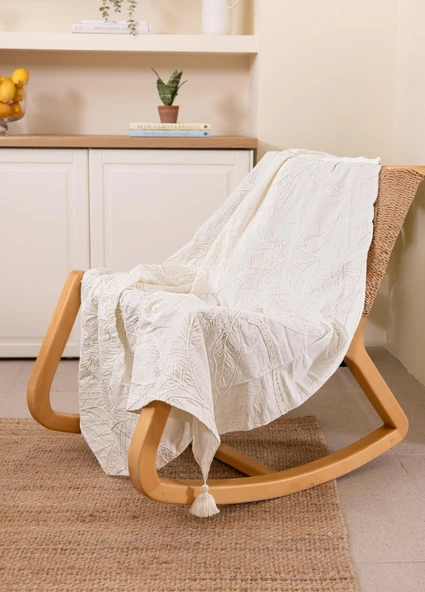 The Mia Throw Koltuk Şalı Püsküllü Krem 170x130 ürün görseli 1