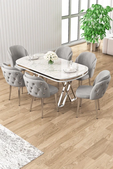 Canisa Zae Serisi 90x168 Lak Panel Beyaz Mermer Desen Krom Ayak Masa Takımı 6 Gri Sandalye ürün görseli 1