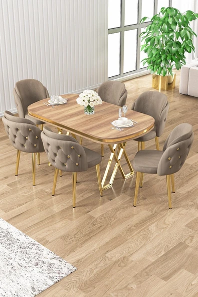 Canisa Zae Serisi 90x168 Lak Panel Hazar Gold Ayak Masa Takımı 6 Cappucino Sandalye ürün görseli 1