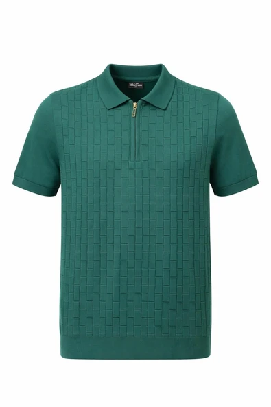 Erkek Polo Yaka Fermuarlı Triko Tişört Dokulu Slim Fit ürün görseli 1
