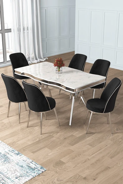 Canisa Prah Serisi 90x160 Lak Panel Beyaz Mermer Desen Krom Ayak Masa Takımı 6 Siyah Sandalye ürün görseli 1