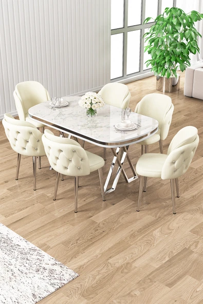 Canisa Zae Serisi 90x168 Lak Panel Beyaz Mermer Desen Krom Ayak Masa Takımı 6 Krem Sandalye ürün görseli 1