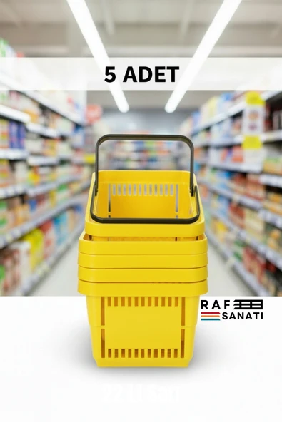 5 ADET / 22 Litre Plastik Market Alışveriş Sepeti Profesyonel Market Mağaza El Sepeti Sarı ürün görseli 1