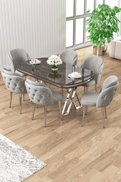 Canisa Zae Serisi 90x168 Lak Panel Antrasit Ironi krom Ayak Masa Takımı 6 Gri Sandalye ürün görseli 1