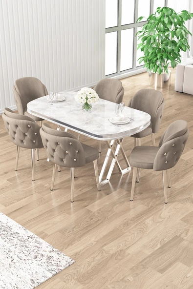 Canisa Zae Serisi 90x168 Lak Panel Beyaz Mermer Desen Krom Ayak Masa Takımı 6 Cappucino Sandalye ürün görseli 1