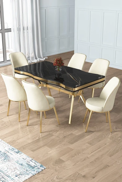 Canisa Prah Serisi 90x160 Lak Panel Sonata Desen Gold Ayak Masa Takımı 6 Krem Sandalye ürün görseli 1