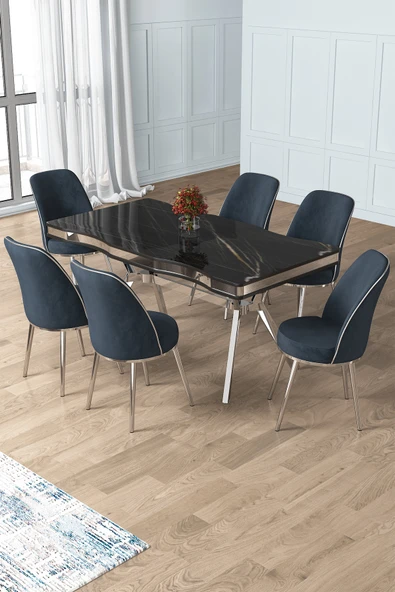Canisa Prah Serisi 90x160 Lak Panel Sonata Krom Ayak Masa Takımı ve 6 Antrasit Sandalye ürün görseli 1