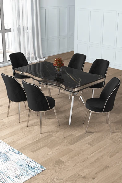 Canisa Prah Serisi 90x160 Lak Panel Sonata Krom Ayak Masa Takımı ve 6 Siyah Sandalye ürün görseli 1