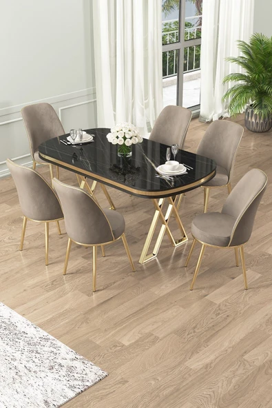 Canisa Lai Serisi 90x168 Lak Panel Sonata Gold Ayak Masa Takımı 6 Cappucino Sandalye ürün görseli 1