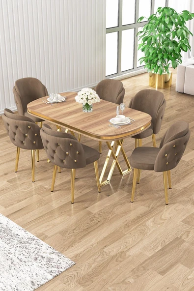 Canisa Zae Serisi 90x168 Lak Panel Hazar Gold Ayak Masa Takımı 6 Kahve Sandalye ürün görseli 1