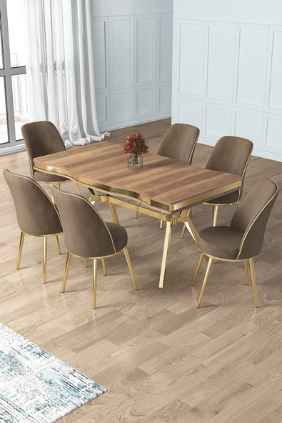 Canisa Prah Serisi 90x160 Lak Panel Hazar Gold Ayak Masa Takımı 6 Cappucino Sandalye ürün görseli 1