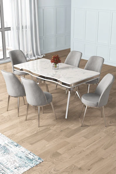 Canisa Prah Serisi 90x160 Lak Panel Beyaz Mermer Desen Krom Ayak Masa Takımı 6 Gri Sandalye ürün görseli 1