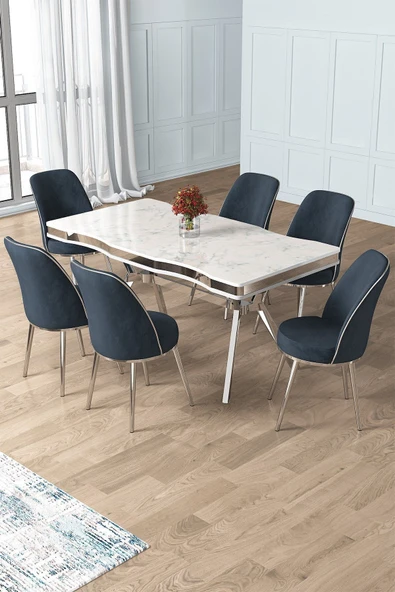 Canisa Prah Serisi 90x160 Lak Panel Beyaz Mermer Desen Krom Ayak Masa Takımı 6 Antrasit Sandalye ürün görseli 1