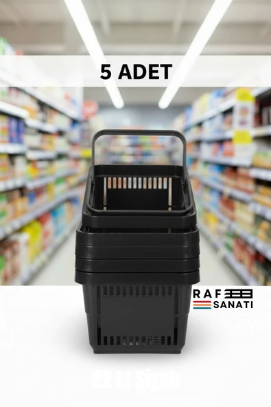 5 ADET / 22 Litre Plastik Market Alışveriş Sepeti Profesyonel Market Mağaza El Sepeti Siyah ürün görseli 1