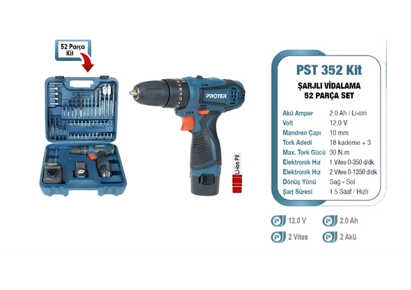 Proter PST 352 KİT 12 V 2.0 Ah Li-ion Pil 2 Vts Darb.Şarjlı (52 Parça Set) P1EA111 ürün görseli 1