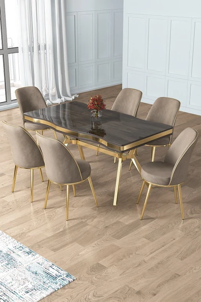 Canisa Prah Serisi 90x160 Lak Panel Antrasit Ironi Gold Ayak Masa Takımı 6 Cappucino Sandalye ürün görseli 1