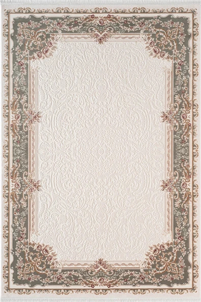 Fontana FT003Y Krem Yeşil Akrilik Halı Klasik Desen Pamuk Taban Tozu Az Salon Oturma Odası Halısı 100 X 300 KREM-YESIL ürün görseli 1