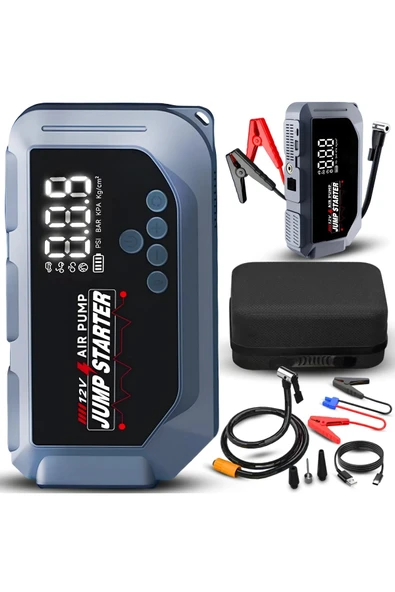 12 volt Taşınabilir Jump Starter Akü Takviye ve Dijital Hava Pompası Acil Yol Yardım Cihazı ürün görseli 1